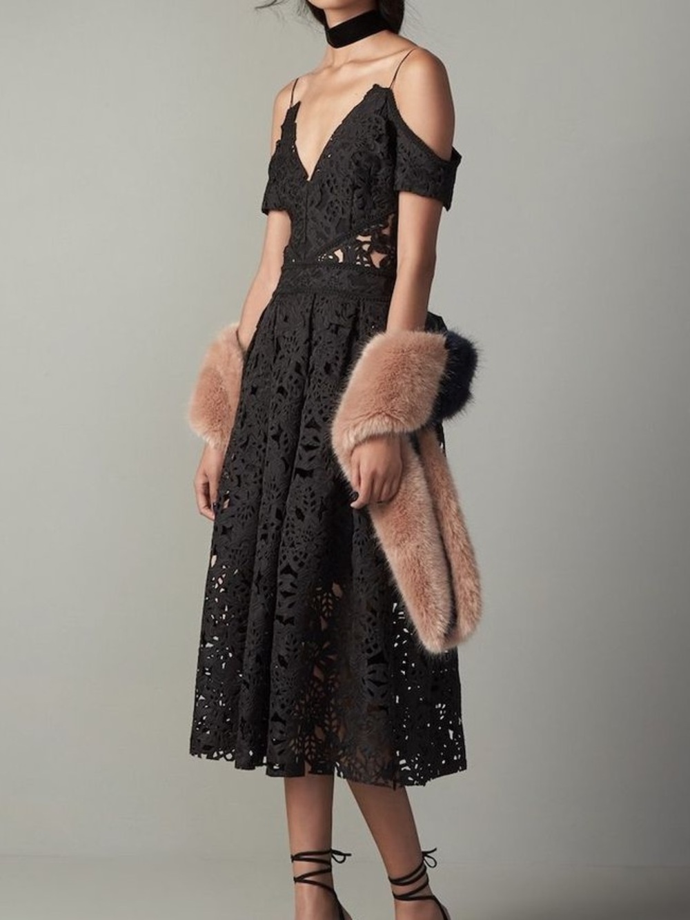 Topshop Black Laser Cut Midi Dress | Cold Shoulder | Size Small
